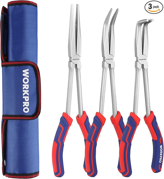 WORKPRO 3PC Long Reach Pliers Set, 11 Inch Extra Long Needle Nose Plier Set Includes Straight, 90° & 45° Bent Nose Plier, Pliers Tool Set for Narrow Spaces