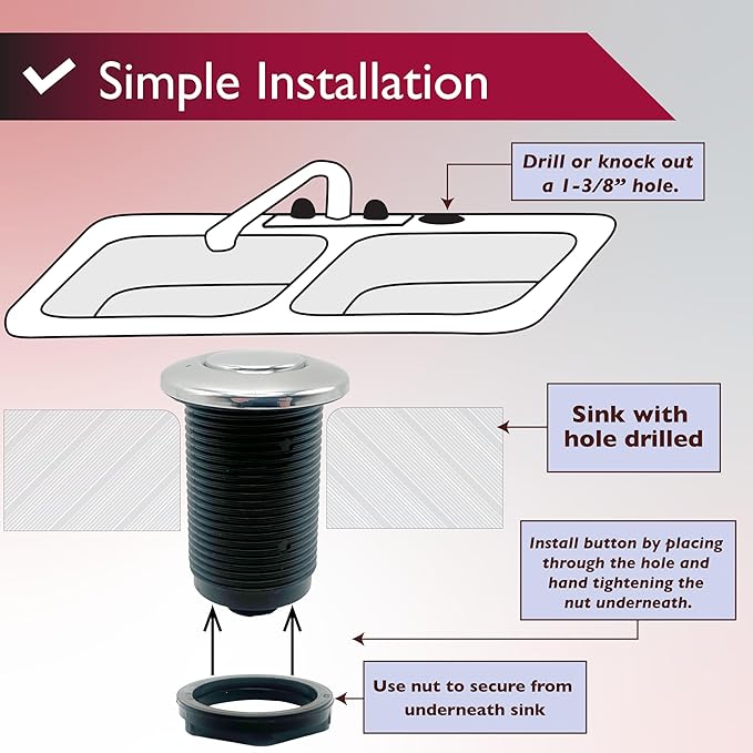 Disposal Air Switch Kit for Garbage Disposal Hands-Free On/Off Control UL Approved Includes 6' Air Tube 1-3/8" Air Button Safe & Convenient for Kitchen No Wiring Needed (Chrome)