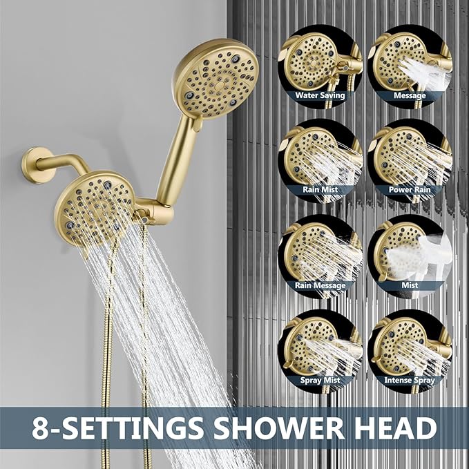 Aolemi Shower Faucet Set Rain Shower Head System Shower Trim Kit Pressure Rough-in Valve Included ABS 8 Setting Dual Shower Head and Handheld Spray Brushed Gold