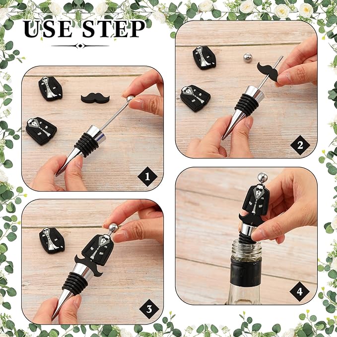 Wedding Beadable Wine Bottle Stopper Bulk Groomsmen Wine Stopper Stainless Steel Beer Corker with Silicone Beard Bead Sheer Bag Wedding Bridal Shower Favor for Guest Engagement Party(36 Set)