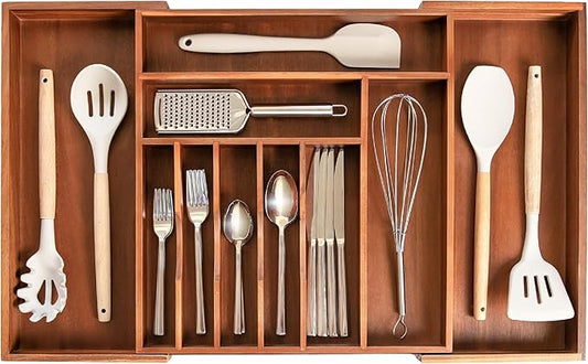 KitchenEdge Premium Silverware, Flatware and Utensil Organizer for Kitchen Drawers, Food-Safe Contract Grade, Expandable from 16 to 28 In, Natural Acacia