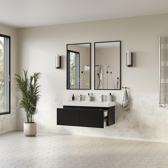 Fresca Mezzo 48 Inch Black Wall Mount Modern Double Bathroom Vanity - Includes Double Integrated Sinks with 4 Soft-Closing Hidden Drawers - Faucets Not Included - FCB8012BW-I