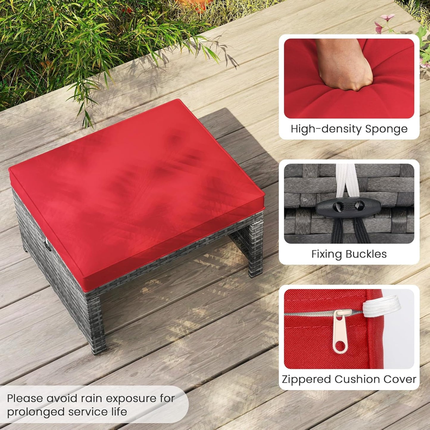 Tangkula 2 Pieces Patio PE Rattan Ottomans, Multipurpose Outdoor Footstool Footrest Additional Seating Side Table with Soft Zippered Cushions for Deck, Garden, and Yard (Red)