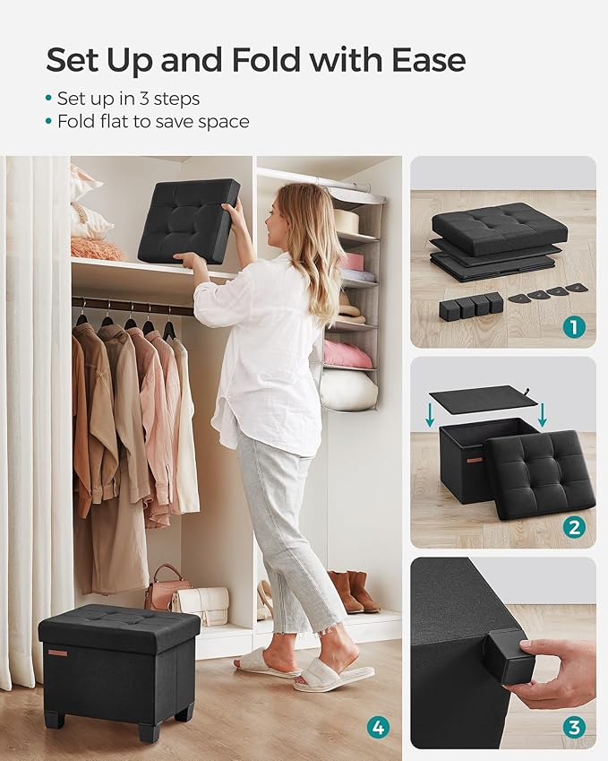 SONGMICS Storage Ottoman, Small Ottoman Foot Rest with Legs, 12.6 x 15.8 x 13.2 Inches Foot Stool, Load up to 660 lb, for Living Room, Bedroom, Dorm, Ink Black ULSF012B01