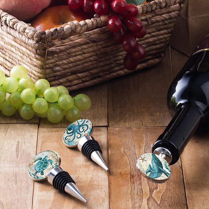 LIZIMANDU Wine Bottle Stoppers,Stainless Steel Wine Stoppers For Gifts, Bar, Holiday Party, Wedding (3 Pack, 3-Marine Animal)