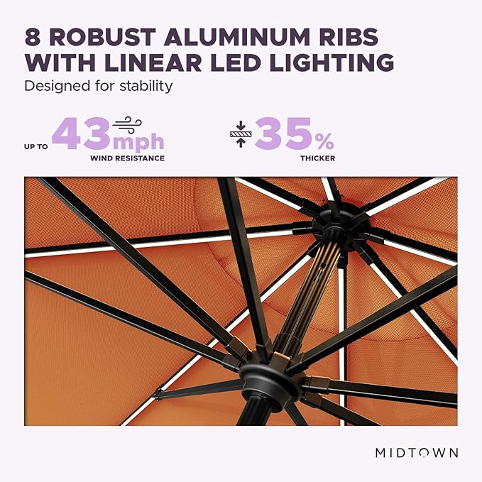 Midtown Umbrellas The LED Swilt 10 Feet Patio Umbrella With Sunbrella Canvas Tuscan Acrylic Fabric - Auto-Tilt Aluminum Frame With LED Lights For Backyard, Deck, Garden, Pool - Black Pole