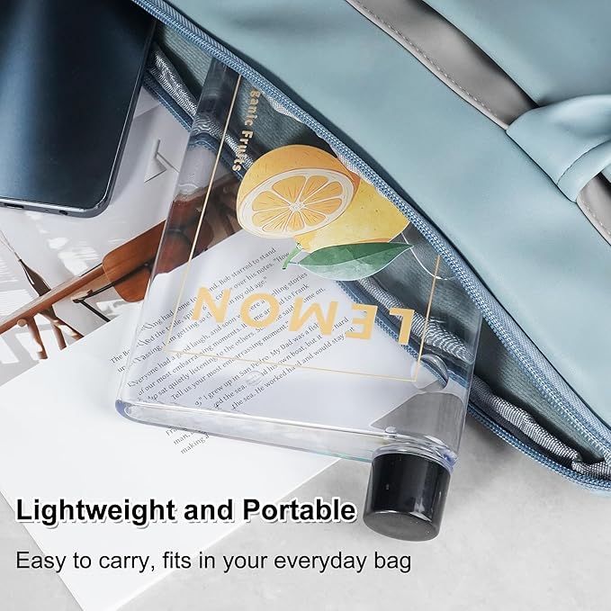 Flat Water Bottle 420ml,Plastic Portable Flat Water Bottle for Purse,Square Water Bottle Flat for Sports Gym Fitness Outdoor,Lemon