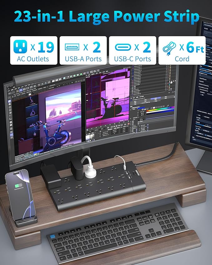 Power Strips with Surge Protection, HOPOW 6 Ft Flat Plug Power Strip Extension Cord with 19 Outlets and 4 USB Ports, 2100J Surge Protector, Wall Mount for Home, Office, Gaming Room, Dorm, Black