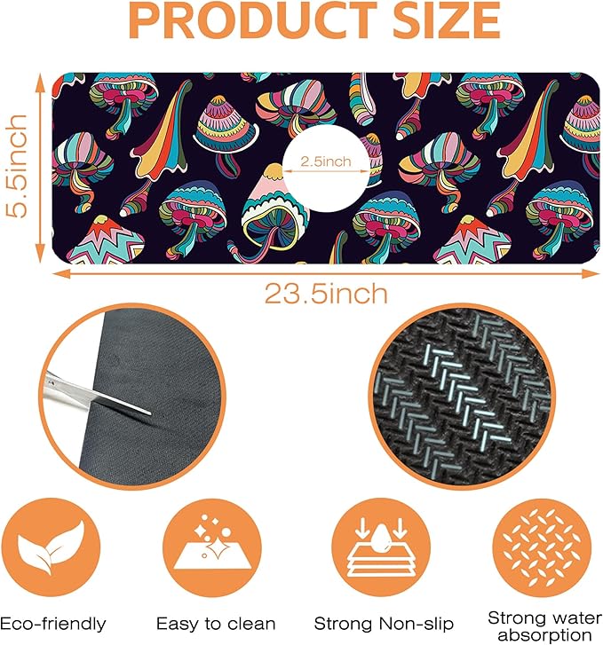 Kitchen Faucet Mat Magic Mushrooms Kitchen Sink Splash Guard Faucet Mat,1 PC Splash Guard Behind Faucet Drip Catcher for Kitchen,Sink Mat,Dish Drying Mat,Bathroom Faucet Mat 15.5""X5.5""