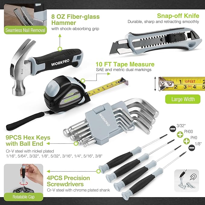 WORKPRO 43PCS Cordless Lithium-ion Drill Driver & Toolbox, 8V 2.0 Ah Power Drill Set with Household Hand Tool Kit, Battery Powered Screwdriver with Stackable Tool Box