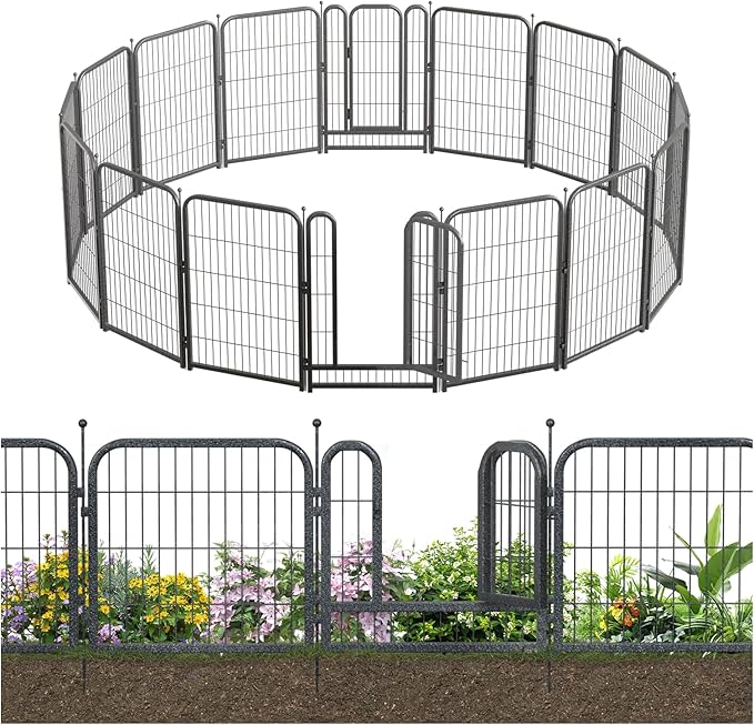 Metal Garden Fence with 14 Panels 2 Gates Outdoor Dog Fence 36ft (L)×40in (H) Decorative Pet & Animal Barrier, Garden and Yard Fencing，Black-Silver