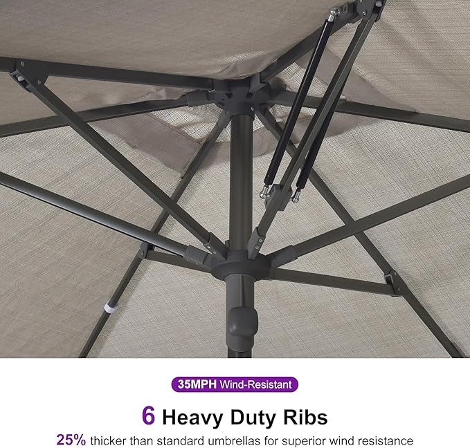 PURPLE LEAF 6 X 10 FT Semi-Auto Outdoor Patio Umbrella with Base Market Table Sun Umbrellas with 6 Aluminum Sturdy Ribs for Backyard Deck Garden Pool (Gray Pole Beige Canopy)
