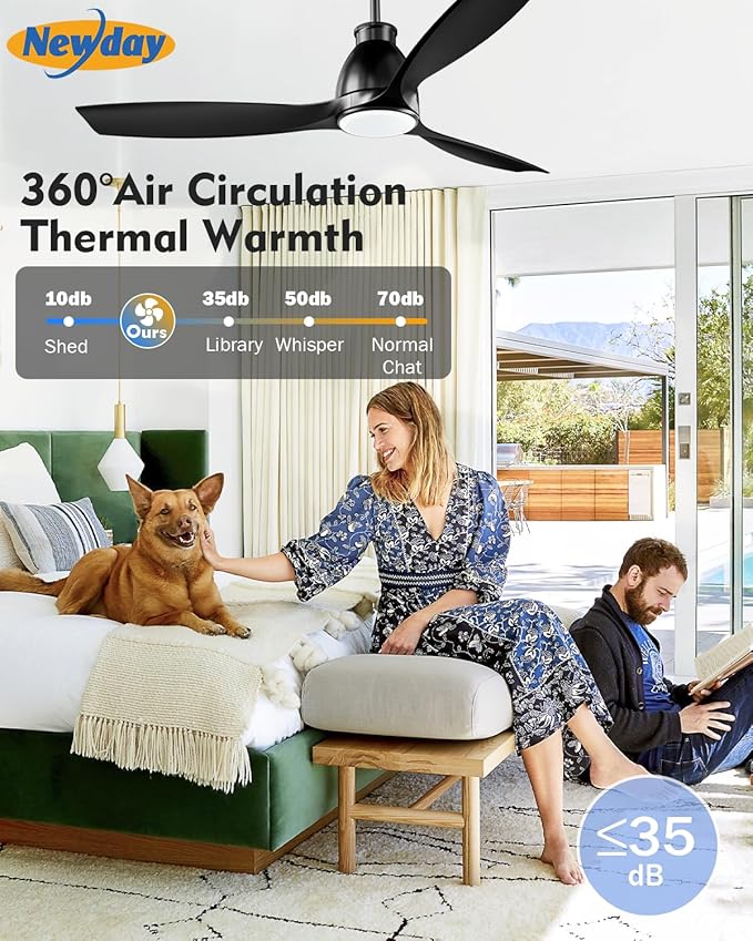Newday 52 inch Ceiling Fans with Lights - Black Ceiling Fan with Light and Remote, 3 Blades 3 Colors Dimmable LED, 6 Speeds Reversible Quiet DC Motor Ceiling Fan For Living Room Bedroom Indoor Outdoor
