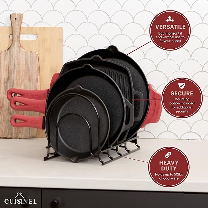 Cuisinel Pan Organizer - Silicone-Coated Non-Slip 15" Heavy Duty Skillet Rack - Kitchen Counter/Cabinet Organization Storage - Cookie Sheet, Cutting Board, Cast Iron Cookware, Pots, Lid Stand/Holder