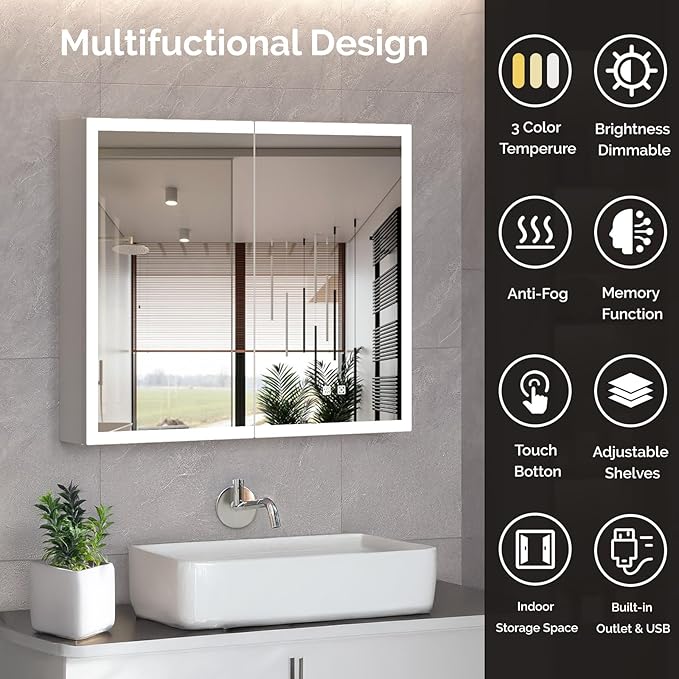 VINGLI Lighted Medicine Cabinet with Mirror Bathroom Mirror Medicine Cabinet Wall Mounted with Storage LED Lights Charging Station Defogger Modern Bathroom Mirrors for over Sink with Storage (32"*28")