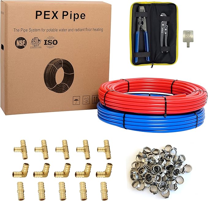 Pex-b Pipe1/2 Inch(2 x75 ft=150 ft, Red & Blue) Fitting DIY Kit, Crimp Fitting, Clamp Tool, Clamps Cutter &Heavy-Duty Canvas Bags,(79)