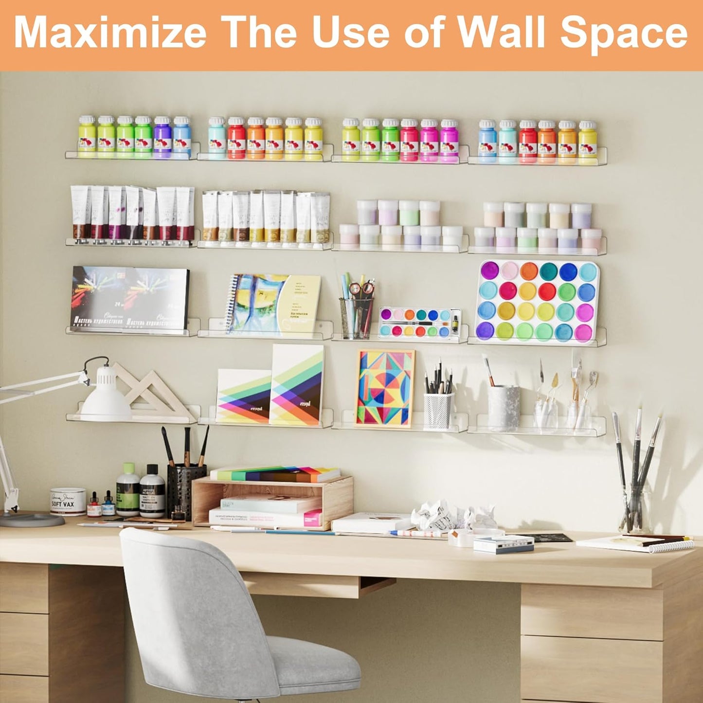 upsimples 16 Pack Acrylic Shelves for Wall Storage, 15" Floating Bookshelves for Kids, Display Shelf Organizer for Bathroom, Bedroom, Living Room, Kitchen, Room Decor, Clear