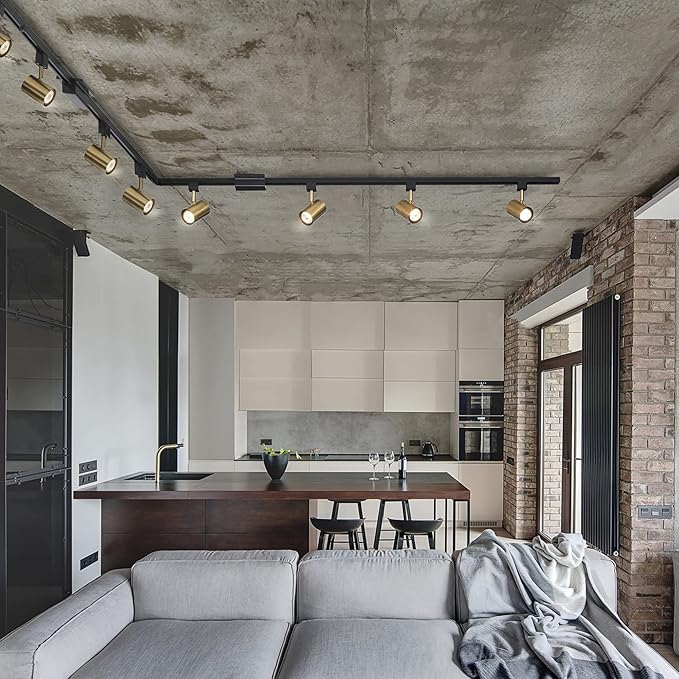 Globe Electric Tribeca 56 Inch Matte Black 4-Light Adjustable Track Ceiling Lighting Kit Fixture with Brass Cylindrical Track Heads, Ideal for Kitchen Island, Compatible with LED Bulbs, 64000009