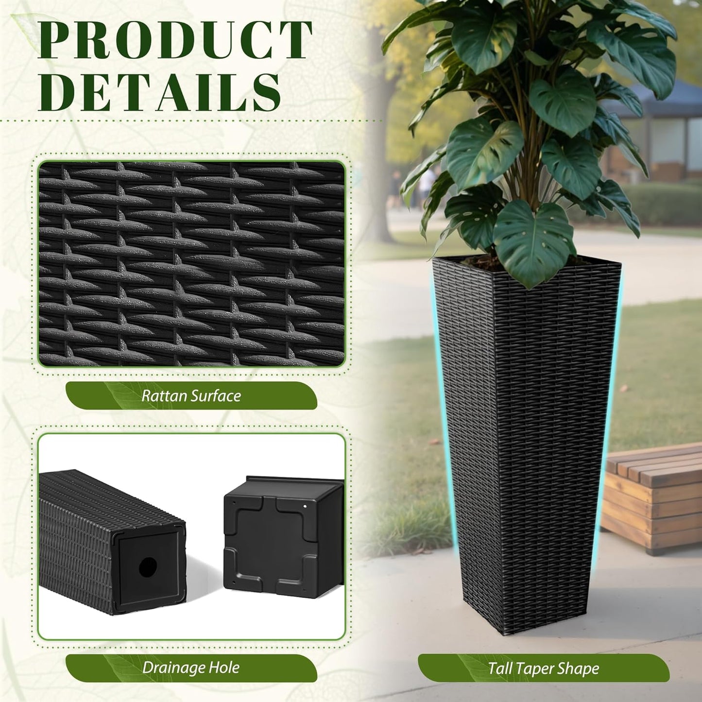 JUMMICO Set of 2 Resin Rattan Tall Planters for Outdoor Plants, Large Tapered Planters with Drainage Holes&Inner Trays, Flower Pots for Garden, Patio, Porch, Backyard (Black, 32'')