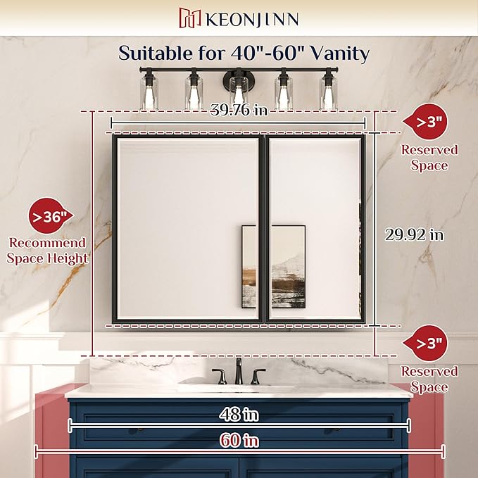 Keonjinn 40” x 30” Black Bathroom Medicine Cabinets with Mirror Recessed or Surface Wall-Mounted Aluminum Alloy Framed Beveled Mirror with Soft Close Hinge, 2 Doors Modern Bathroom Mirror with Storage