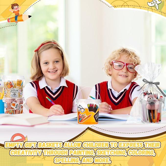 PerKoop 20 Pcs 32 oz Ice Cream Buckets with Lids and Handles Cocktail Rum Buckets for Drinks with 180 Back to School Stickers Clear Plastic Bucket Reusable Food Storage Containers for Parties