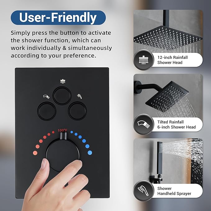 Thermostatic Dual Shower Heads System with Ceiling 12-Inch Rainfall Shower & Wall Mount 6-Inch High Pressure Shower Head, Matte Black Full Body Shower Faucet Set with Handheld Sprayer