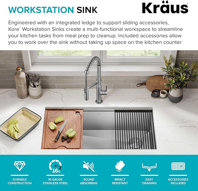KRAUS Kore 36 Inch Undermount Workstation 16 Gauge Stainless Steel Single Bowl Kitchen Sink with Accessories, KWU110-36