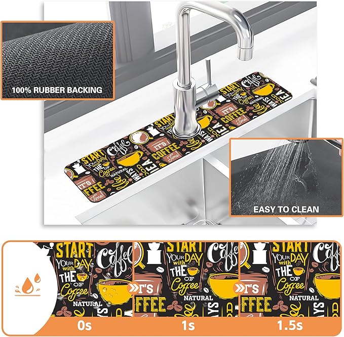 Kitchen Faucet Mat Coffee Poster Kitchen Sink Splash Guard Faucet Mat,1 PC Splash Guard Behind Faucet Drip Catcher for Kitchen,Sink Mat,Dish Drying Mat,Bathroom Faucet Mat 23.5""X5.5""