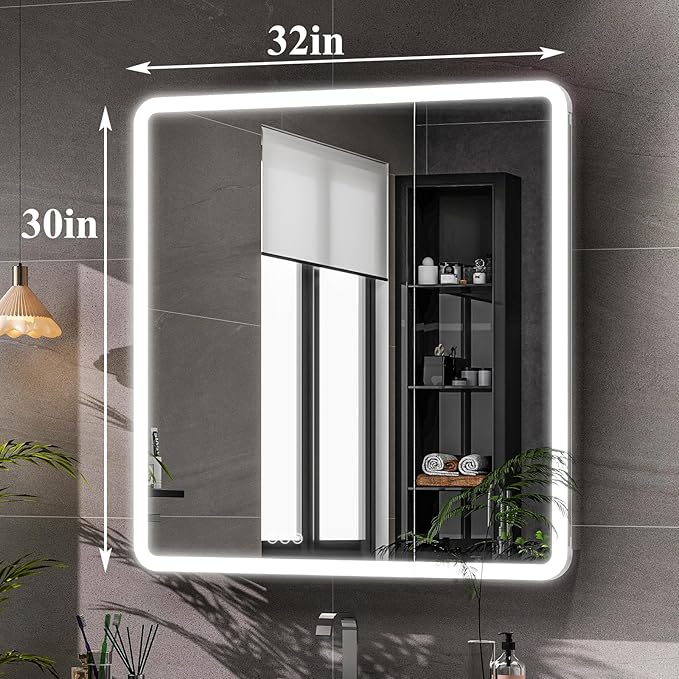LED Bathroom Medicine Cabinet with Mirror, 30 Inch x 32 Inch Bathroom Mirror Cabinet with Door & Adjustable Shelves, Surface Mount or Recess Installation