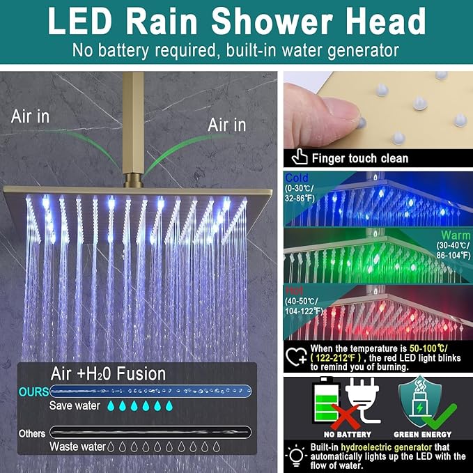 Enga Brushed Gold Shower Jets System, 16 Inch LED Rainfall Shower Faucet Set Body Spray with On-off Switch, Thermostatic Shower System Work At the Same Time