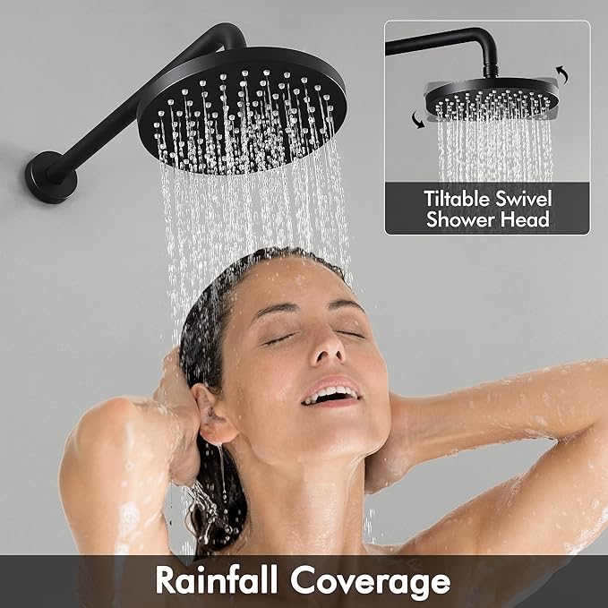 KES Shower Faucets Sets Complete Rain Shower Head Shower Valve and Trim Kit Wall Mount Pressure Balance Black Shower System, XB6202F18-BK