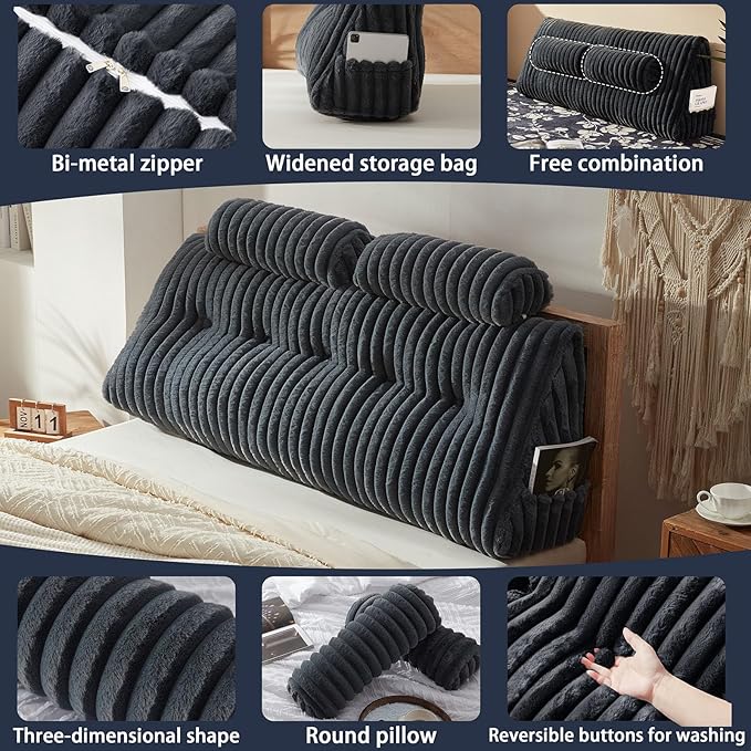 Faux Fur Headboard Pillow with 2 Pack Neck Roll Pillow Large Headboard Pillow Soft and Supportive with Removable Cover (Grey, Queen)