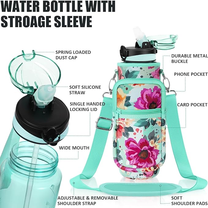 Fimibuke 32 oz Water Bottle with Sleeve - BPA Free Leakproof Sport Large 1L Plastic Motivational Water Bottle with Straw Strap & Insulated Neoprene Holder Carrier Bag Great Xmas Gift for Women Men