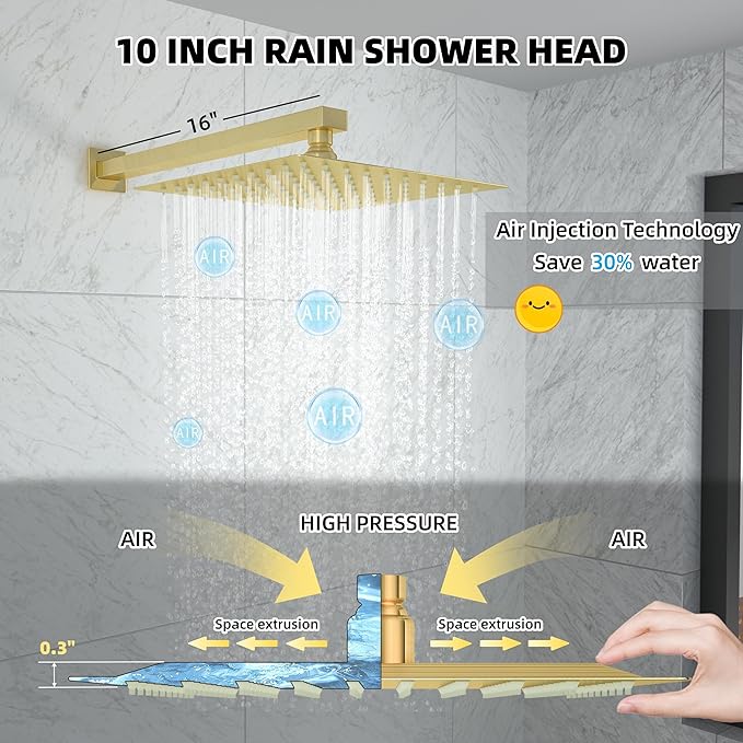 10 Inch Shower Faucet Set, Rainfall Shower System with Square Fixed Shower Head and High Pressure Handheld Shower Head, Spray Wall Mounted Rainfall Shower Fixtures, Brushed Gold