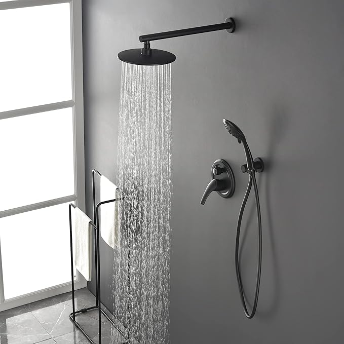SHAMANDA Shower Faucet Set, Wall Mounted Shower System with High Pressure 9" Rain Shower head and 5-Setting Handheld Shower Head(Pressure Balance Round-In Valve and Trim Included), Matte Black, L01-7