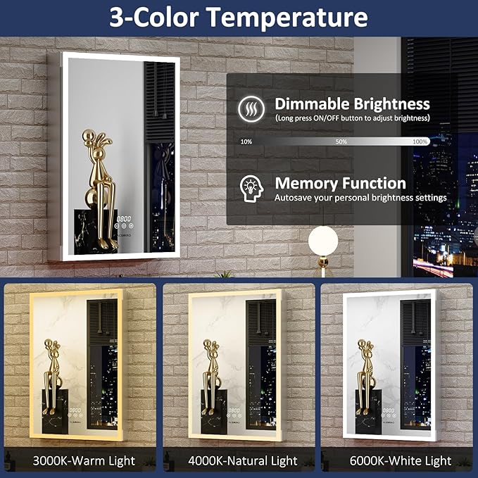 Medicine Cabinet With Lights, 2030 Inch Surface or Recessed Bathroom Mirror, Clock & Room Temp Display, Defogger, LED Dimmable 3 Color Lights, Left Hinge