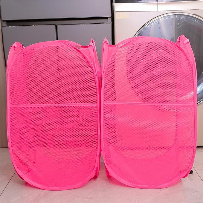 Collapsible Mesh Laundry Basket，Pop Up Laundry Hamper-Easy Storage, Ideal for Home and Travel Use (2 rose)