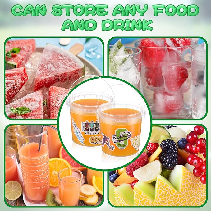 PerKoop 20 Pcs 32 oz Soccer Ice Cream Buckets with Lids and Handles Clear Cocktail Rum Buckets for Drinks with 200 Soccer Stickers Plastic Transparent Tub Reusable Food Storage Containers for Parties