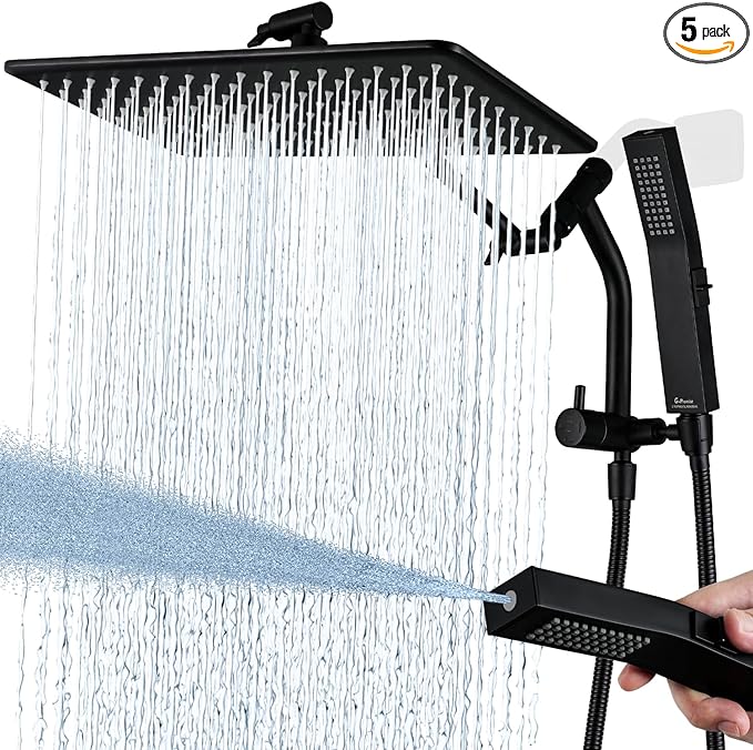 G-Promise All Metal 14 Inches Rain Shower Head with Handheld Built-in Power Wash Mode, 3-way Shower Diverter with Pause Setting, 11 Inches Adjustable Extension Arm, Long Hose (Matte Black, 14 Inches)