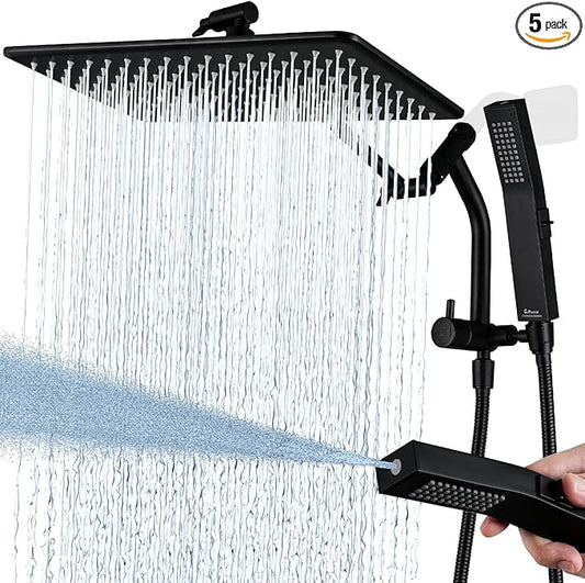 G-Promise All Metal 14 Inches Rain Shower Head with Handheld Built-in Power Wash Mode, 3-way Shower Diverter with Pause Setting, 11 Inches Adjustable Extension Arm, Long Hose (Matte Black, 14 Inches)