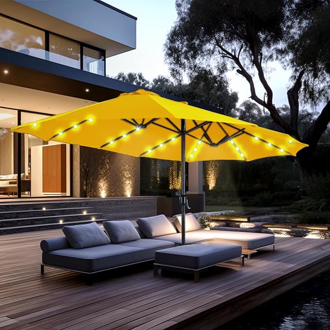 PHI VILLA 15ft Large Patio Umbrella with Solar Lights, Double-Sided Outdoor Market Rectangle Umbrellas with 36 LED Lights, Umbrella Base (Stand) Included, Golden Yellow