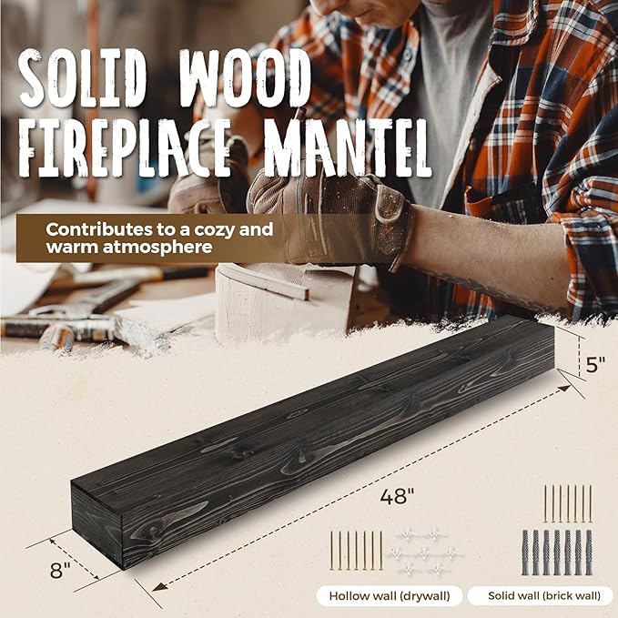 48x8x5 Fireplace Mantel - Handcrafted Hollow Rustic Solid Wood Wall Mounted Floating Shelf with Invisible Heavy Duty Wood Bracket (Weathered Black)