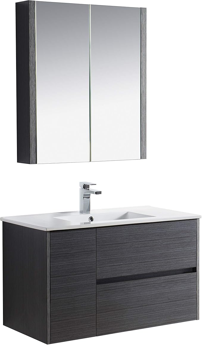 Blossom Single Bathroom Vanity with Ceramic Sink and Mirror Medicine Cabinet | All Wood Floating Vanity Cabinet | 2 Soft-Closing U-Shaped Cutout Drawers | 36 inch, Silver Grey