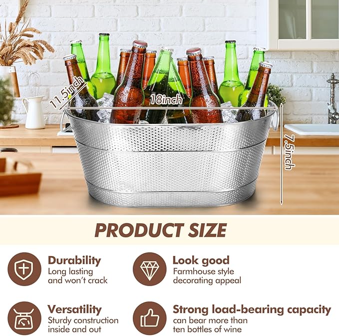 Nuogo 4 Pcs Stainless Steel Oval Ice Buckets for Parties 15 Qt/ 4 Gallon Galvanized Metal Drink Bucket with Handles Leak Resistant Beverage Tub Rustproof Wine Cooler Bucket Beverage Chiller(Silver)