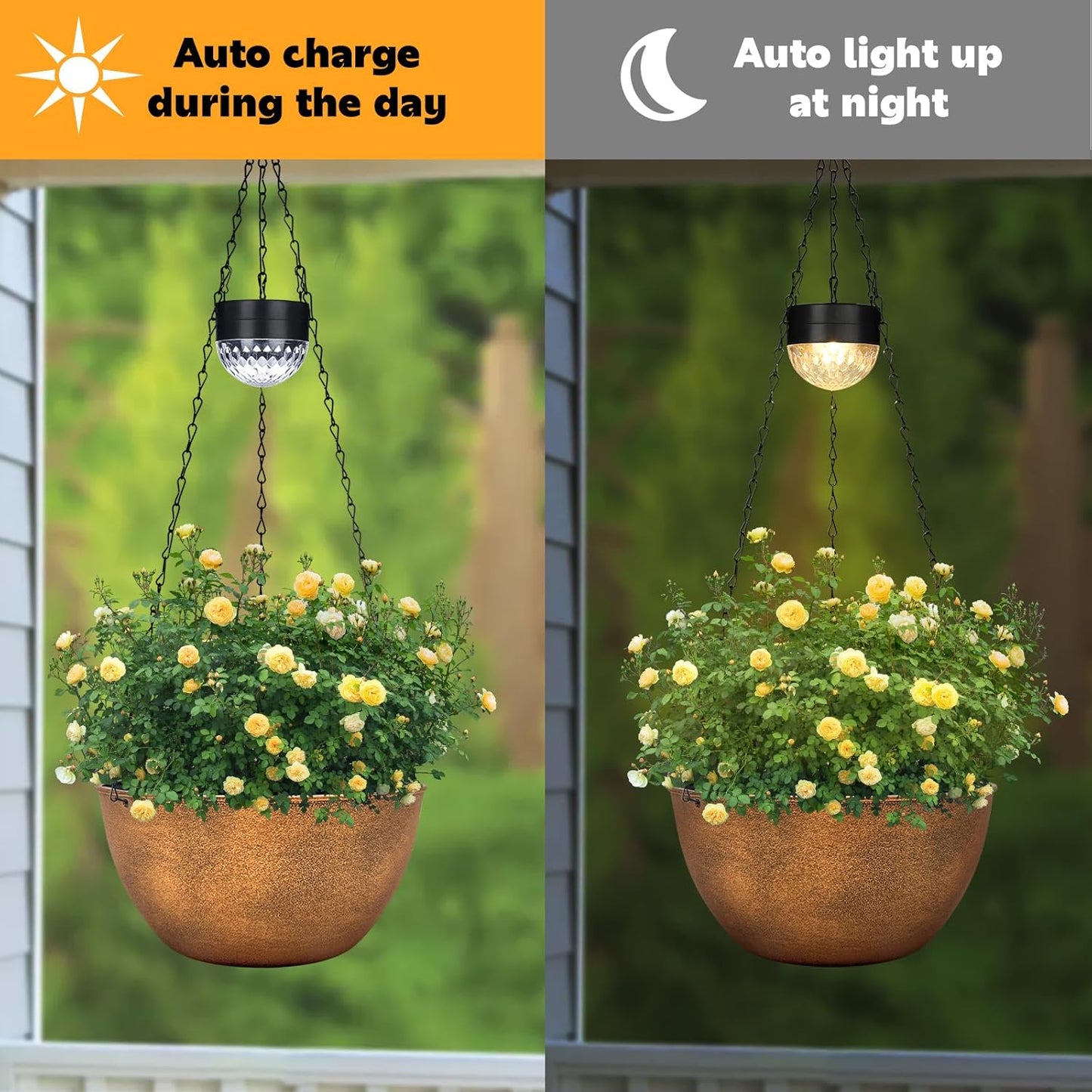 2 Packs Hanging Planters Basket for Outdoor Plants, Solar Powered Self Watering Bronze Round Plastic Flower Pots with Drainer for Balcony Patio Garden Outdoor Decoration