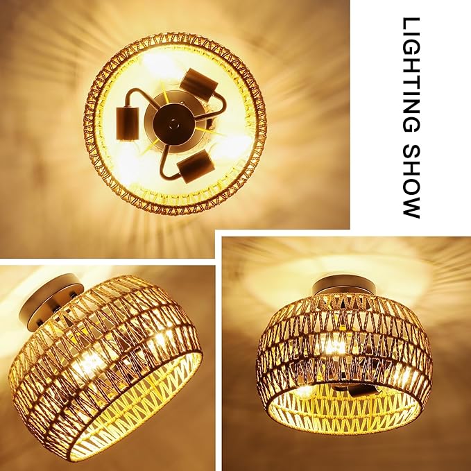 Boho Semi Flush Mount Ceiling Light - Rattan Light Fixture with Hand-Woven Shade, 3 Light Farmhouse Chandelier Coastal Wicker Light Fixtures for Kitchen Bedroom Foyer Nursery Entryway