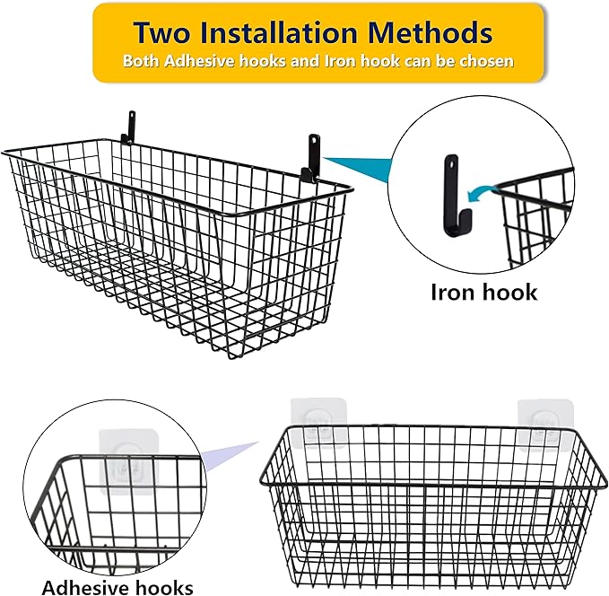 Joben Oligey 3 Set [Extra Large] Hanging Wall Baskets ,Wire Basket For Storage Pantry, Farmhouse Food Storage Kitchen Pantry Laundry Closet Garage RV ,Black