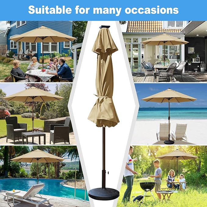 Eurmax USA 10-Year-Non-Fading 10Ft Solar Market Umbrella Outdoor Patio Umbrella Table Umbrella with LED Lights,8 Ribs,Hand Crank and Ventilation (Sand)