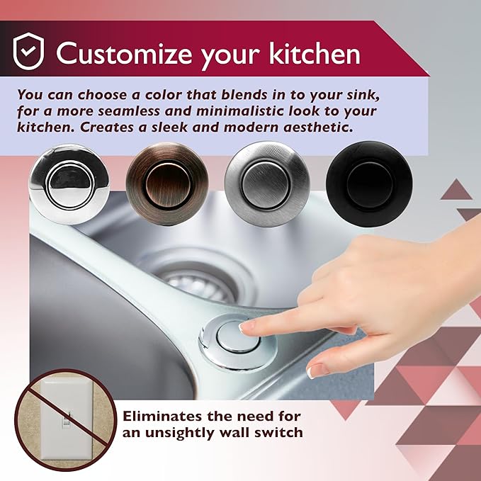 Disposal Air Switch Kit for Garbage Disposal Hands-Free UL Approved Includes 6' Air Tube 1-3/8" Air Button Safe & Convenient for Kitchen No Wiring Needed (Brushed Stainless Steel)