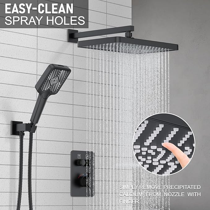 Thermostatic Shower System 13-Inch Rainfall Shower Head - 3 Setting Handheld Sprayer, Complete Bathroom Set with Faucet Mixer Trim Kit & Valve Matte Black